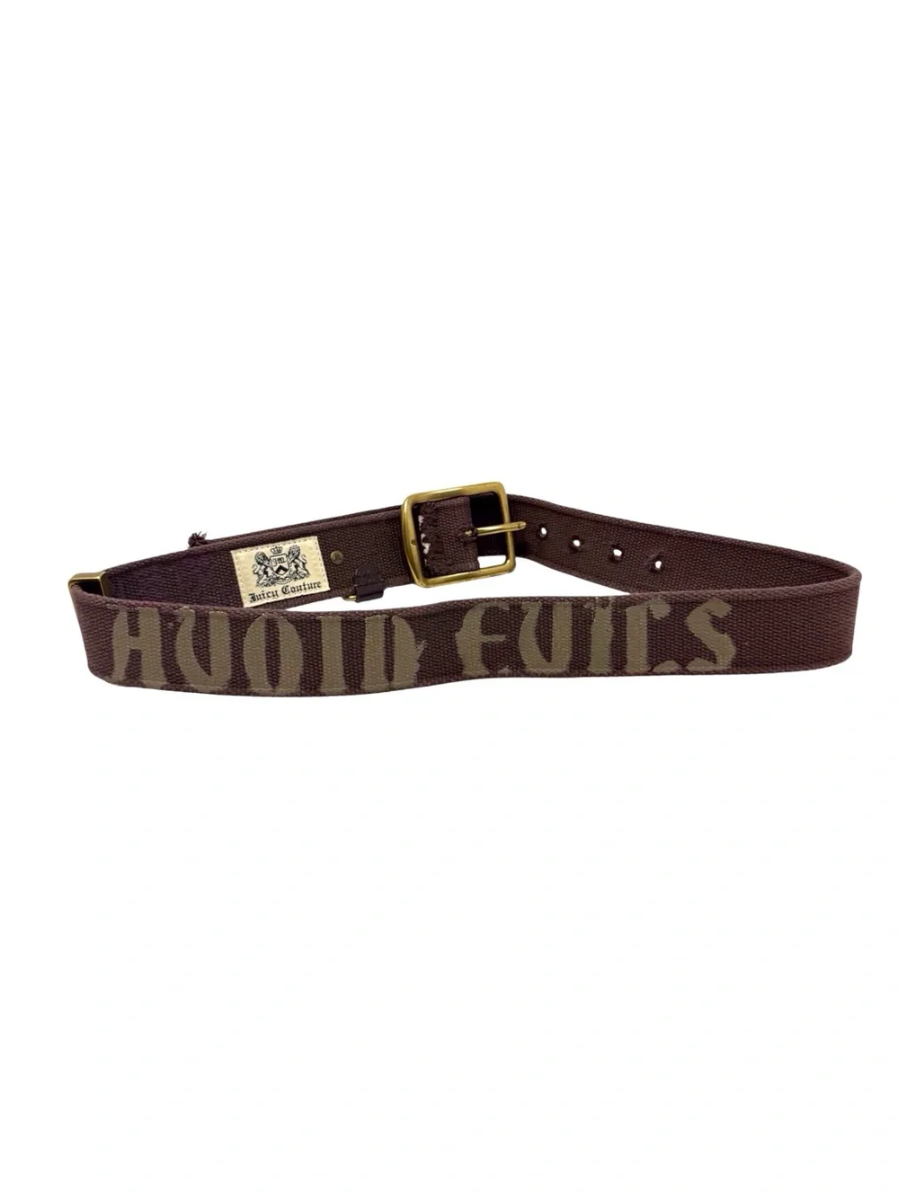 Juicy Couture Avoid Evils Brown canvas belt w/brass buckle 40 inches long EUC